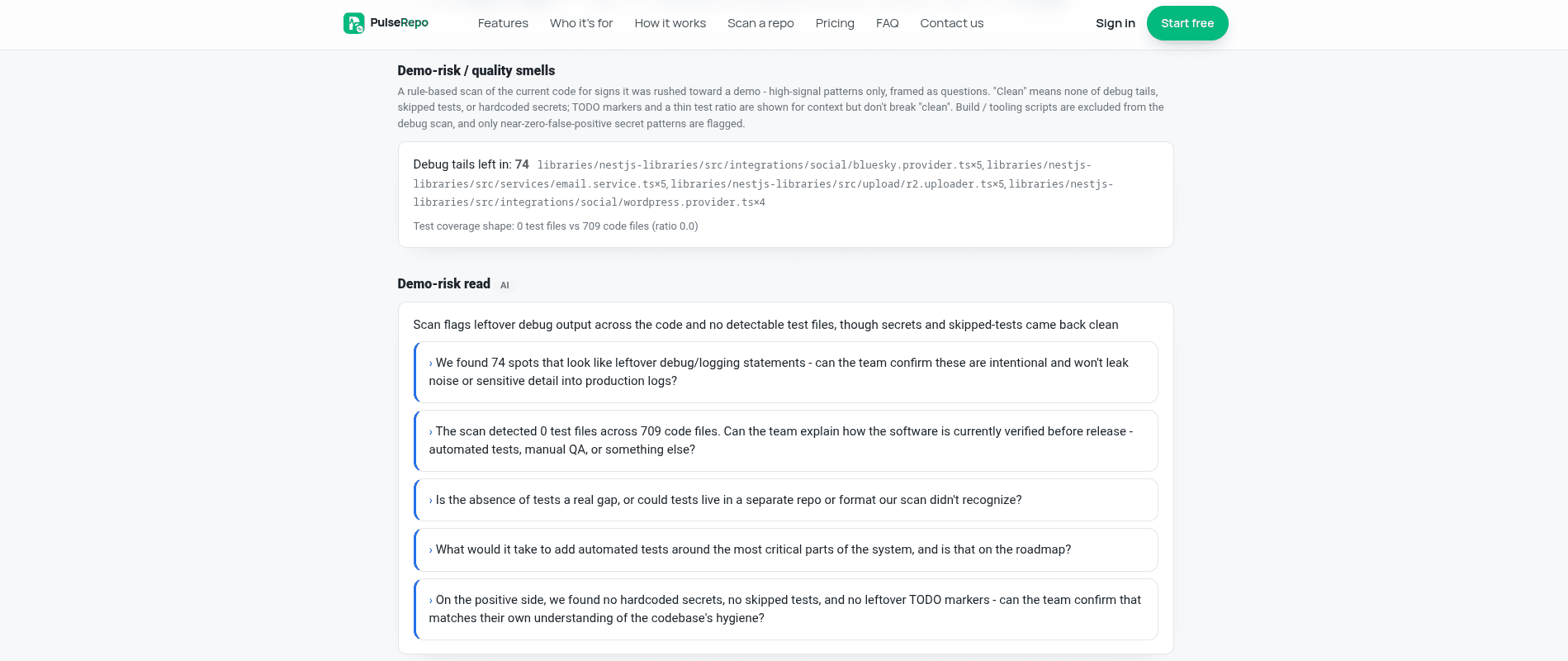 The demo-risk section: a rule-based scan listing debug leftovers and the test-to-code file ratio, followed by an AI reading of that same scan.