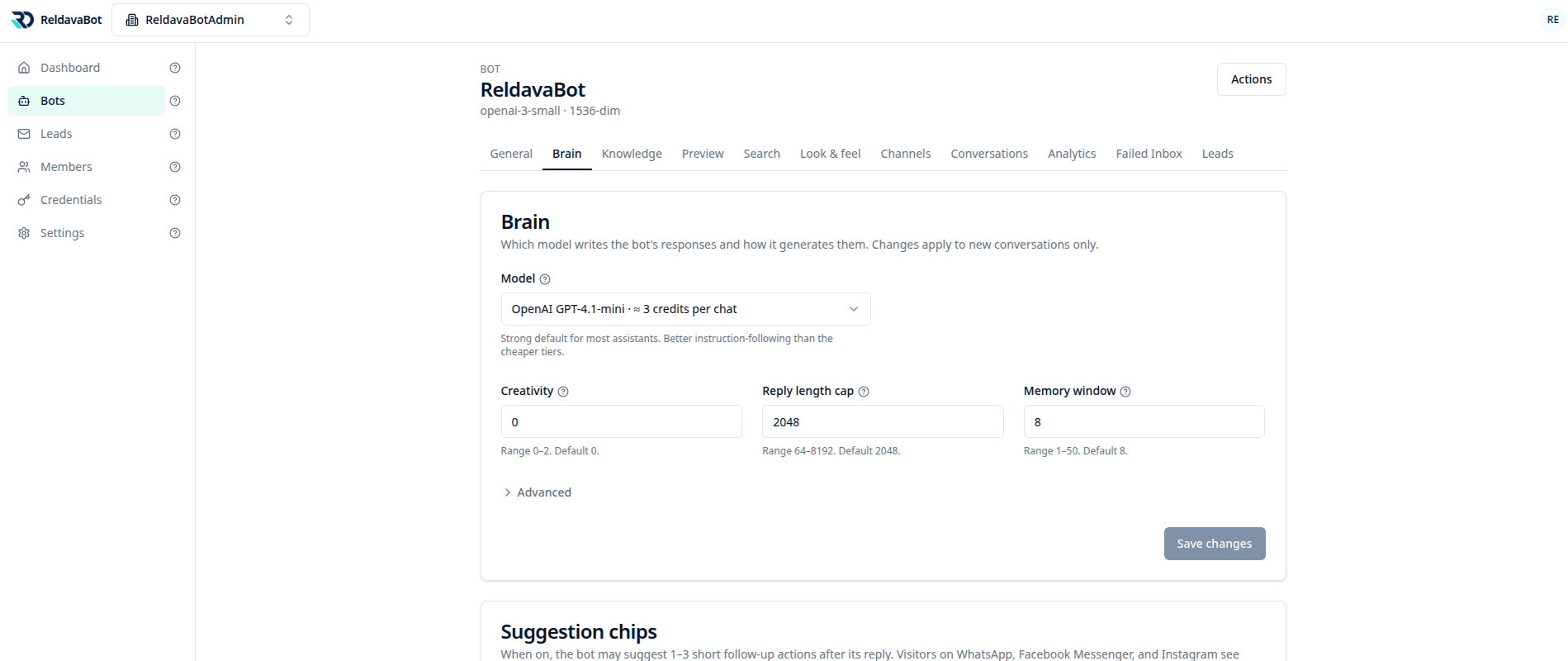 The Brain tab of a bot: a model picker showing its per-chat credit cost, next to creativity, reply length cap and memory window fields.