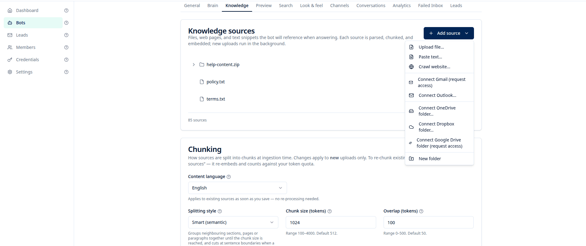 The Knowledge tab with the add-source menu open: file upload, pasted text, website crawl, Gmail, Outlook, OneDrive, Dropbox and Google Drive.