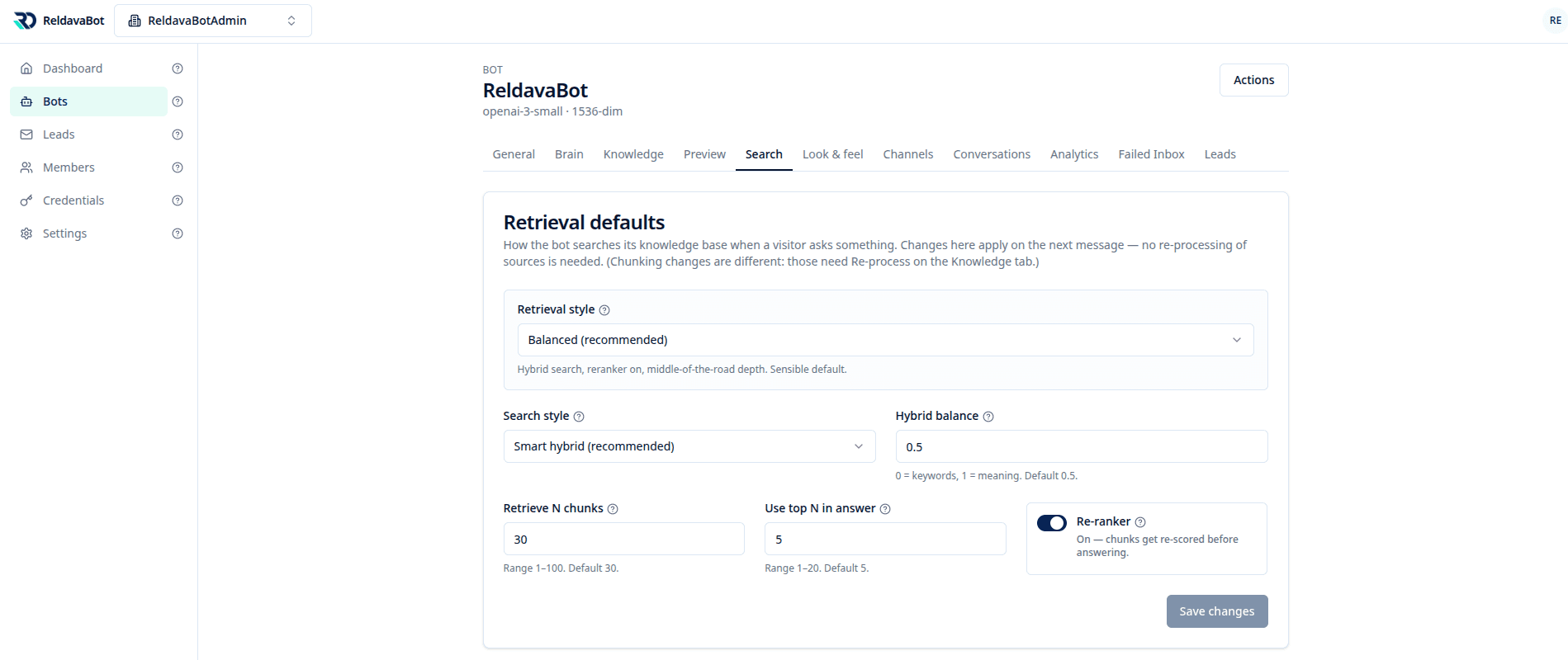 The Search tab: a retrieval style preset, hybrid balance, how many chunks to retrieve, how many to use in the answer, and a reranker toggle.